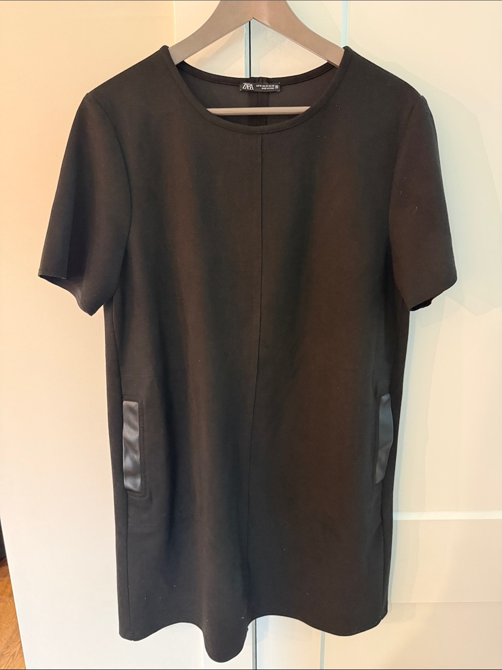Zara Black Short-Sleeve Faux-Leather Pocket Dress